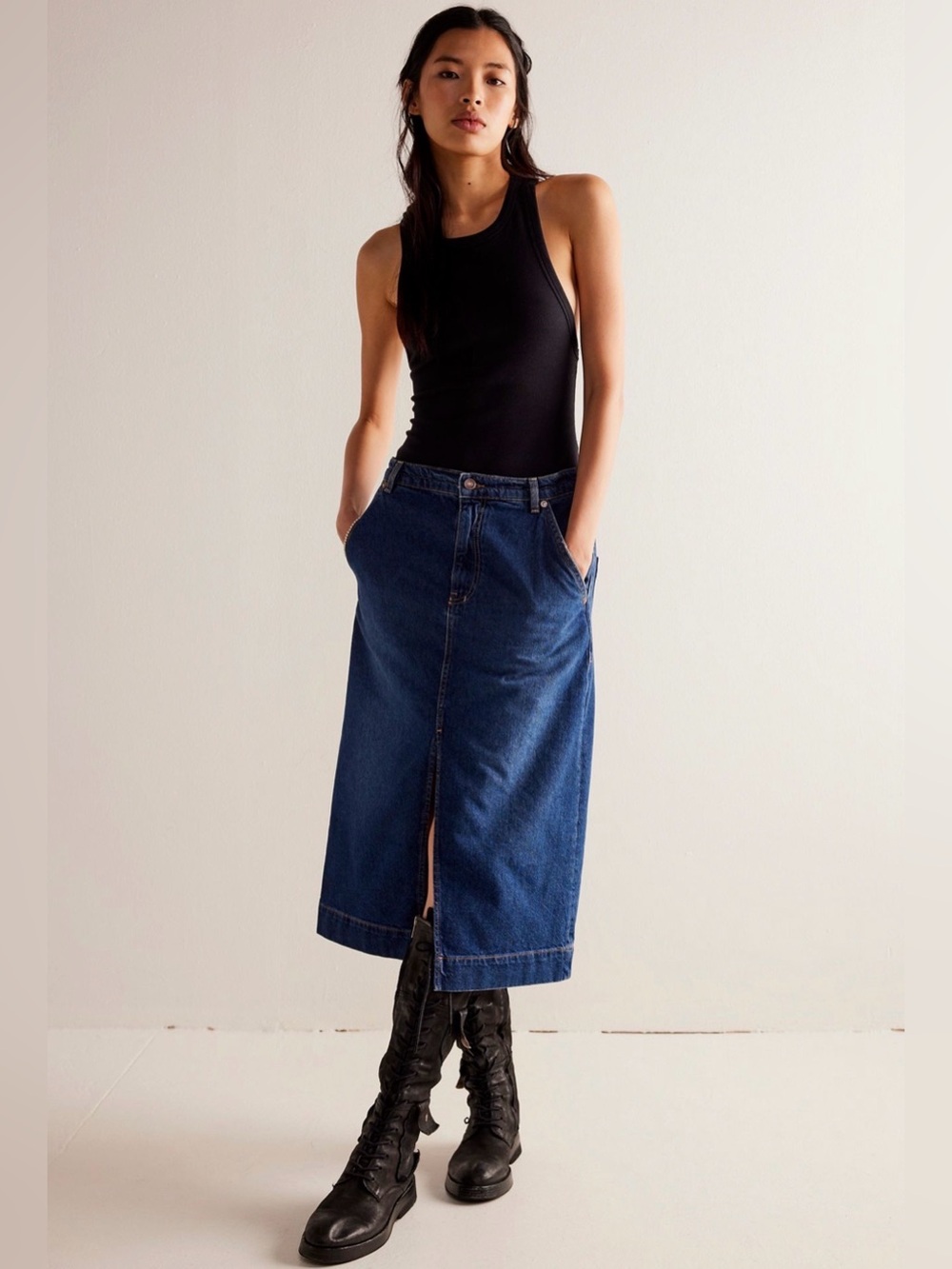 NWT Free People We The Free Wild Roses Midi Denim Skirt High Rise